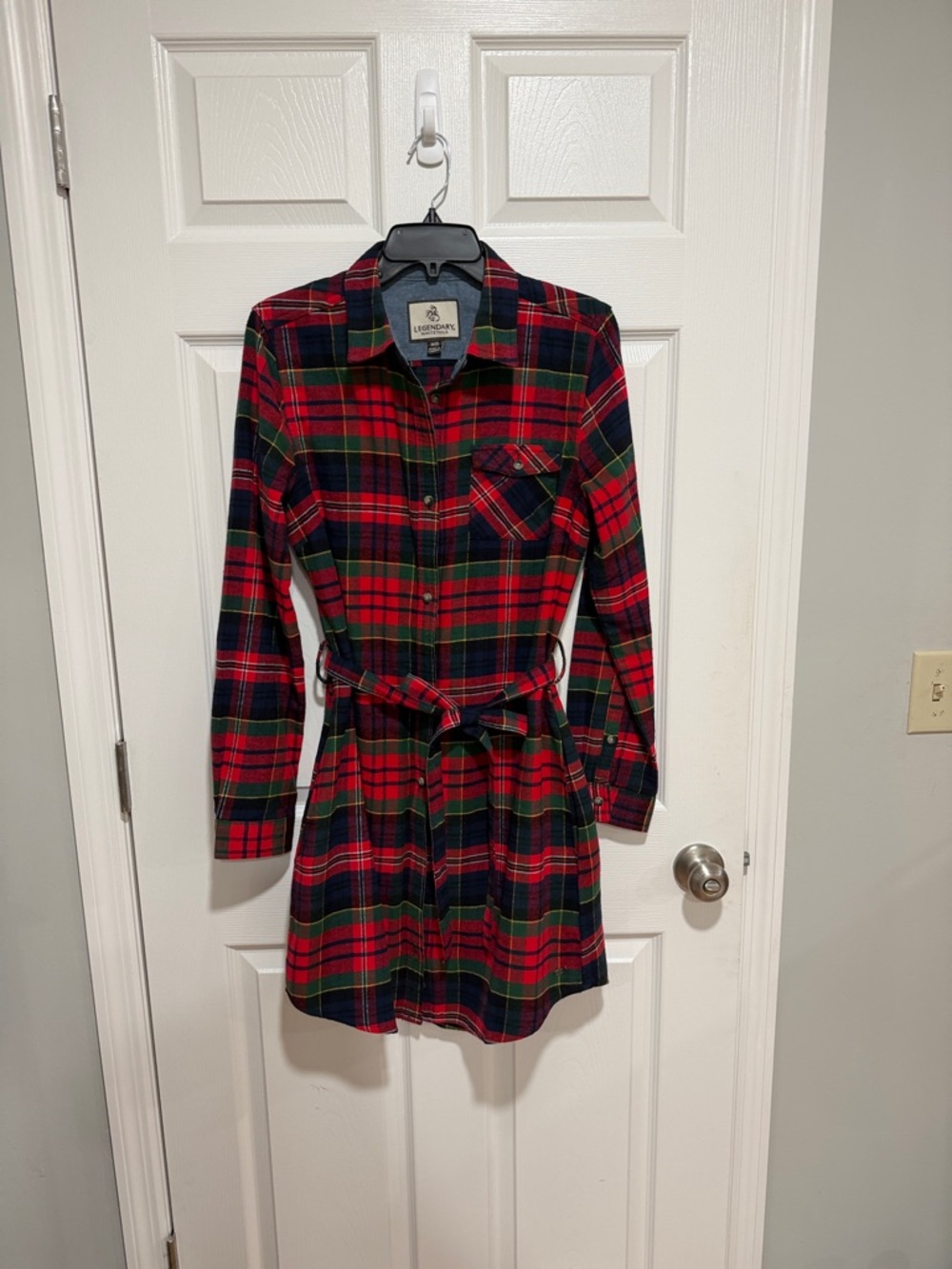 Plaid Button-Up Shirt Dress with Belt - Red, Green, Navy